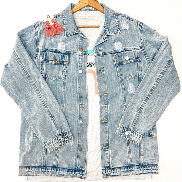 Plus Sizes | On The Road Distressed Button Up Denim Jacket in Light Wash