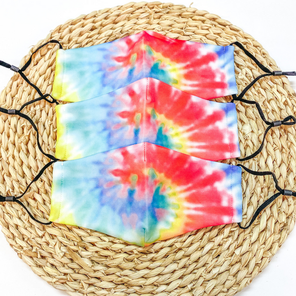 Safe and Sassy Face Covering in Rainbow Tie Dye with Black Straps