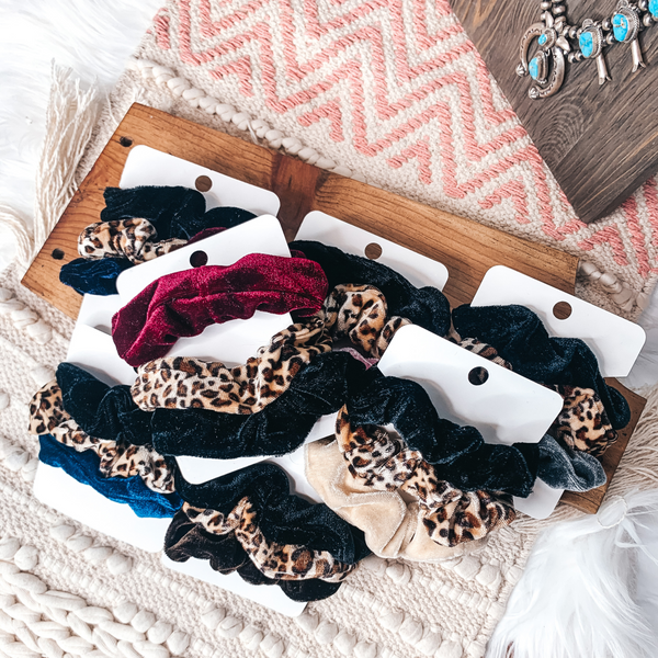 3 for $10 | Set of Three | Brown Leopard Velvet Scrunchie Set