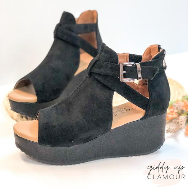 Corky's | Felton Suede Ankle Buckle Wedges in Black