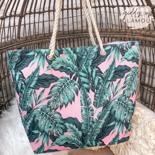 Green Palm Leaf Tote Bag with Rope Straps in Pink