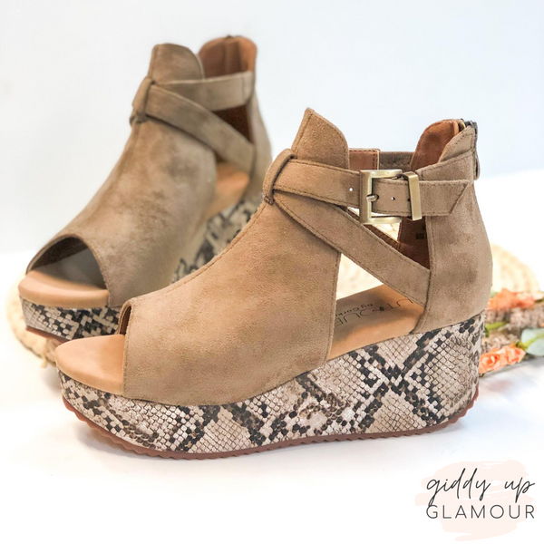 Corky's | Felton Suede Ankle Buckle Wedges in Taupe Snakeskin