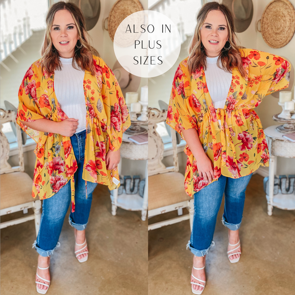 Tied Together with a Smile Waist Tie Closure Floral Drape Kimono in Yellow