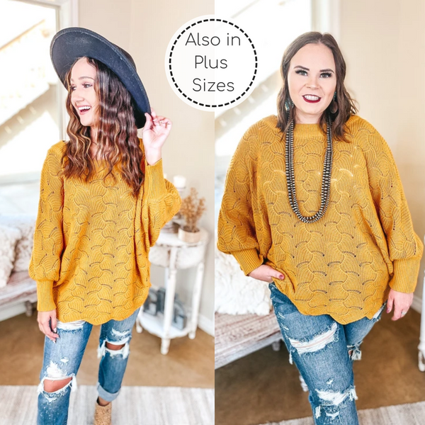 So Agreeable Knit Dolman Sweater with Scalloped Hemline in Mustard Yellow