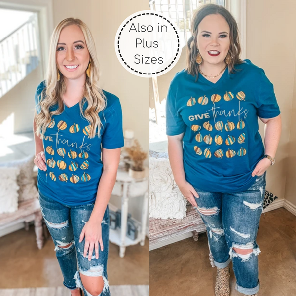 Give Thanks Multi Colored Pumpkin Graphic Tee Shirt in Teal Blue
