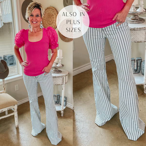 Judy Blue | Walk the Line Pinstripe Raw Hem Super Flare Jeans in White