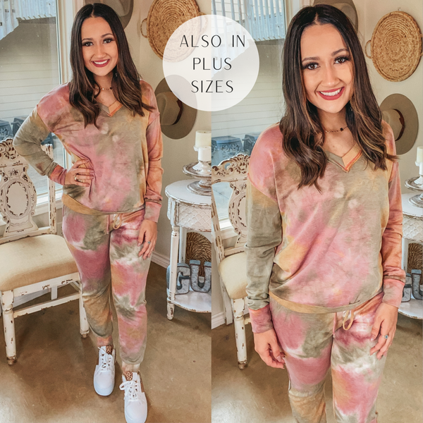 Let's Lounge Tie Dye Long Sleeve V Neck Top in Mauve, Sage, and Mustard