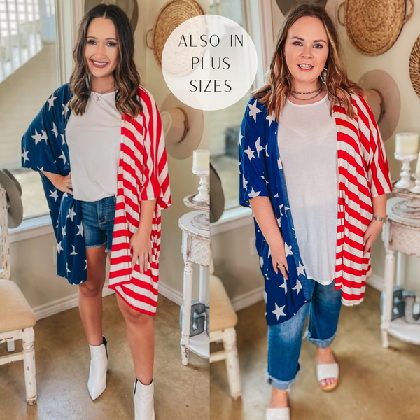 American Sweetheart Stars and Stripes Drop Sleeve Kimono in Red, White, and Blue