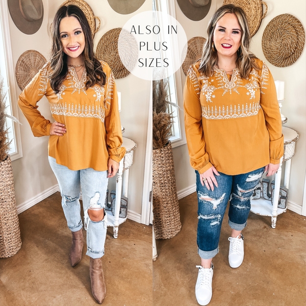 Making Connections Ivory Embroidered Long Sleeve Top in Mustard Yellow