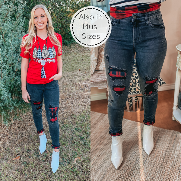 Judy Blue | New Traditions Buffalo Plaid Patch and Cuffed Destroyed Skinny in Black
