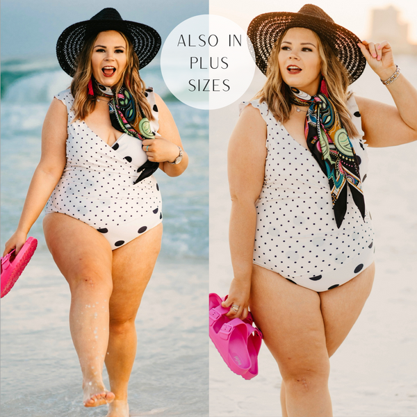Always Confident Polka Dot Wrapped One Piece Swimsuit with Ruffled Straps in Ivory