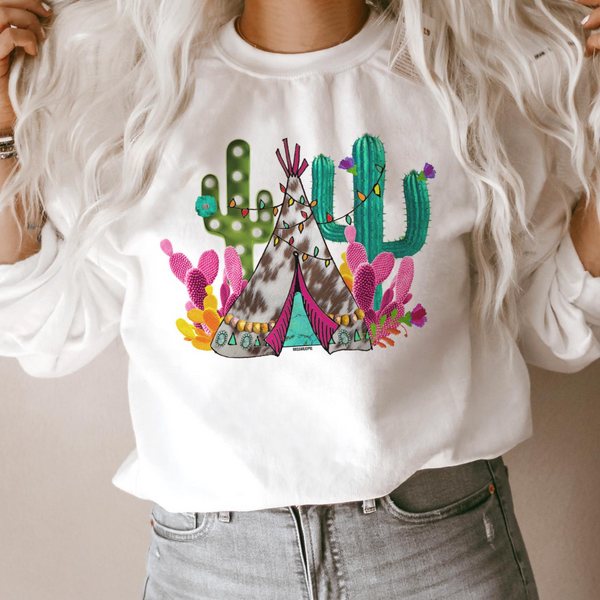 A Western Christmas Cactus and Teepee Graphic Sweatshirt in White