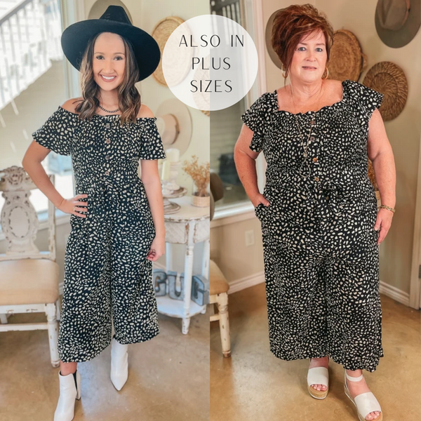 Mimosa Magic Dotted Off the Shoulder Jumpsuit with Smocked Bodice in Black