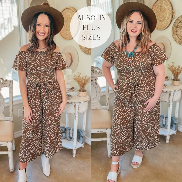 Mimosa Magic Dotted Off the Shoulder Jumpsuit with Smocked Bodice in Brown