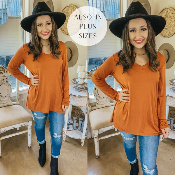 It's That Simple Solid V Neck Long Sleeve Tee in Rust