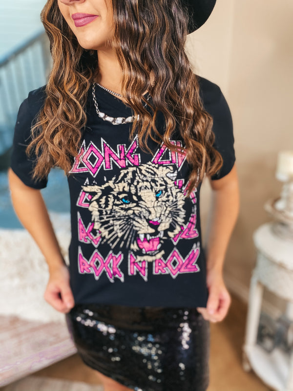 Tiger Queen Long Live Rock N' Roll Tiger V Neck Graphic Tee in Black