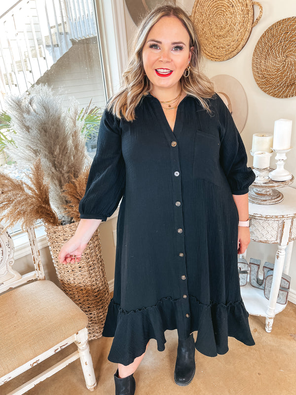 Online Exclusive | New England Nights Button Up Ruffle Hem Midi Dress in Black