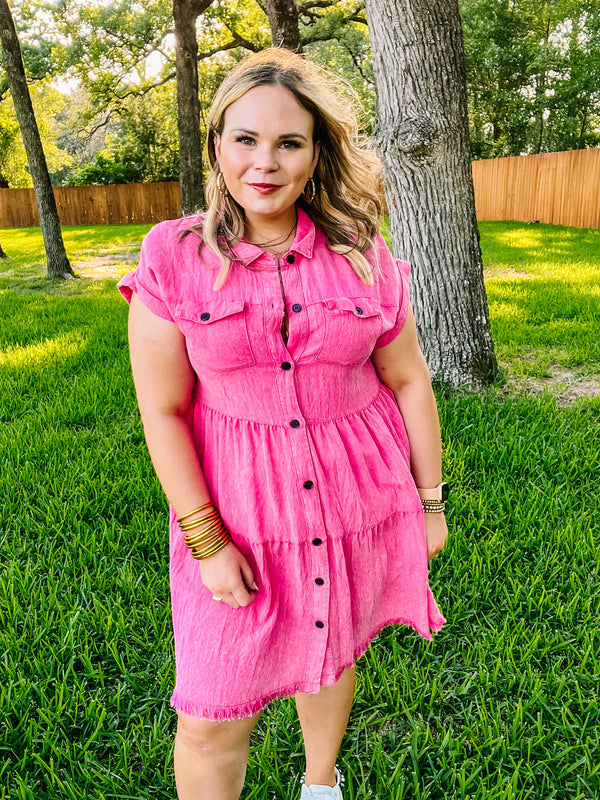 Oh Darling Ruffle Tiered Button Up Dress in Fuchsia Pink