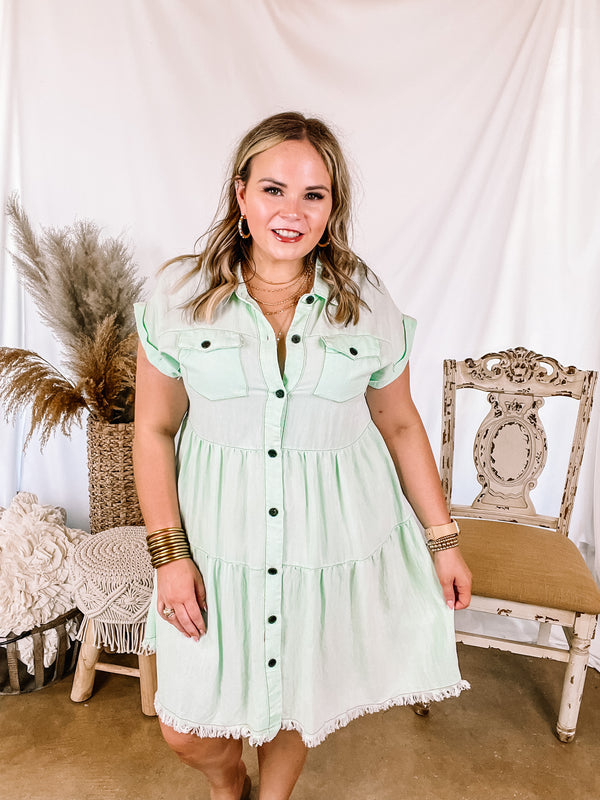 Oh Darling Ruffle Tiered Button Up Dress in Mint Green