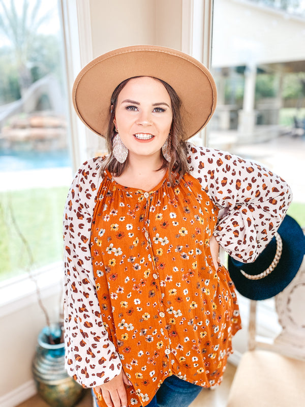 The Colors of Fall Rust Floral Button Up Top with Ivory Leopard Sleeves