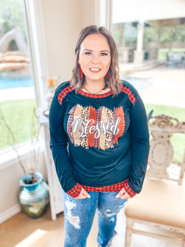 Blessed Mixed Pattern Graphic Tee with Buffalo Plaid Trim in Black