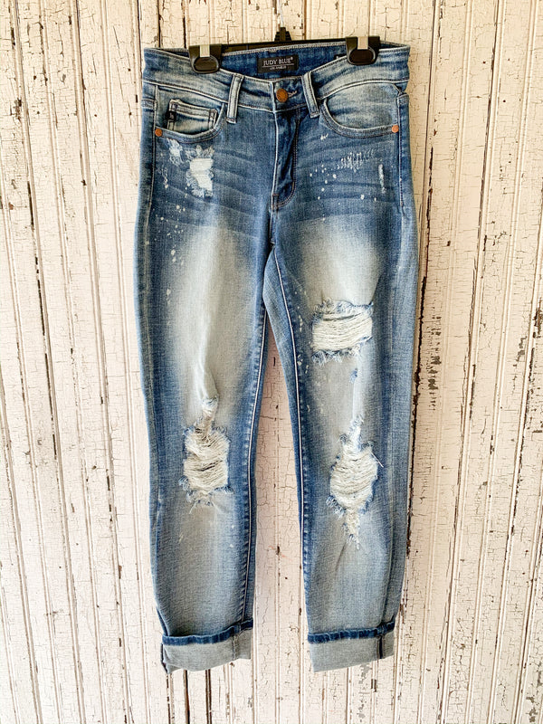 Last Chance Size 22 & 24 | Judy Blue | Can't Help Myself Destroyed Bleach Splatter Boyfriend Jeans in Light Wash
