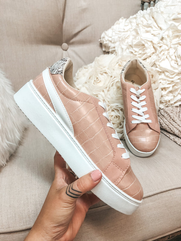 Can't Stay Away Crocodile Sneakers with Snakeskin Heel Patch in Blush Nude