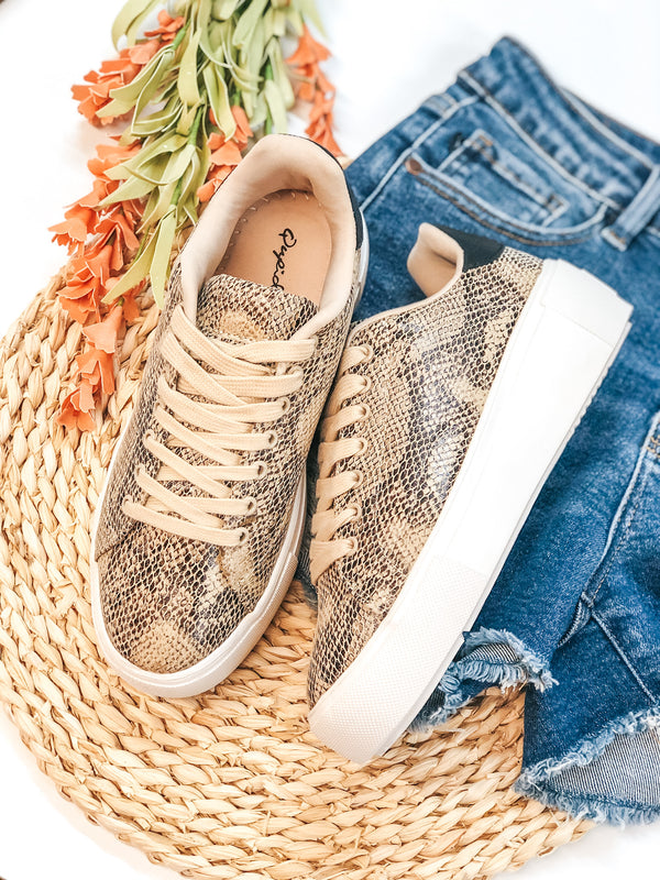 One Step Away Lace Up Platform Sneakers in Beige Snake