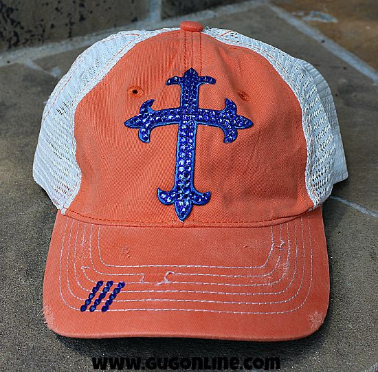 Orange Trucker Cap with Royal Blue Cross Covered in Crystals