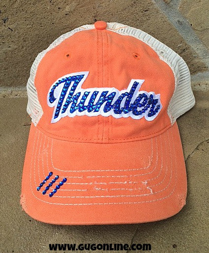 Orange Trucker Cap with Thunder in Royal Blue Crystals