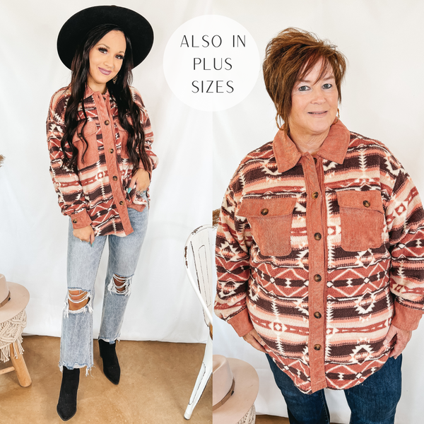 Models are wearing an Aztec print fleece button up top that is a dusty coral color. Both models have this oversized top paired with light wash jeans. Size small model has it paired with a black hat and black booties. Size large model has it paired with a beige hat and white sneakers.