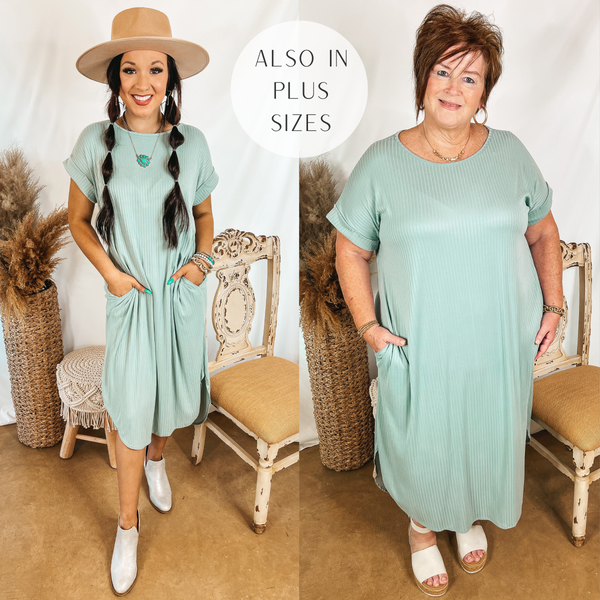 Models are wearing a light sage ribbed midi dress. Size small model has it paired with a tan rancher hat and white booties. Plus size model has it paired with white sandals and gold jewelry.