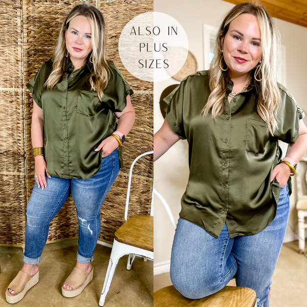 Model is wearing an olive green button up top with short sleeves and a collared neckline. Model has it paired with distressed skinny jeans, tan wedges, and gold jewelry.