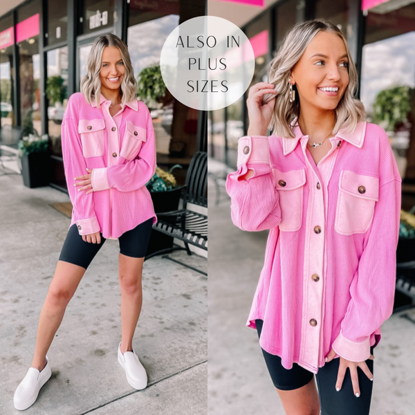 Model is wearing a waffle knit shacket in pink. Model has it paired with black biker shorts and white sneakers. 