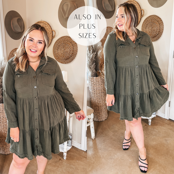 Chic Darling Ruffle Tiered Button Up Dress with Long Sleeves in Olive Green