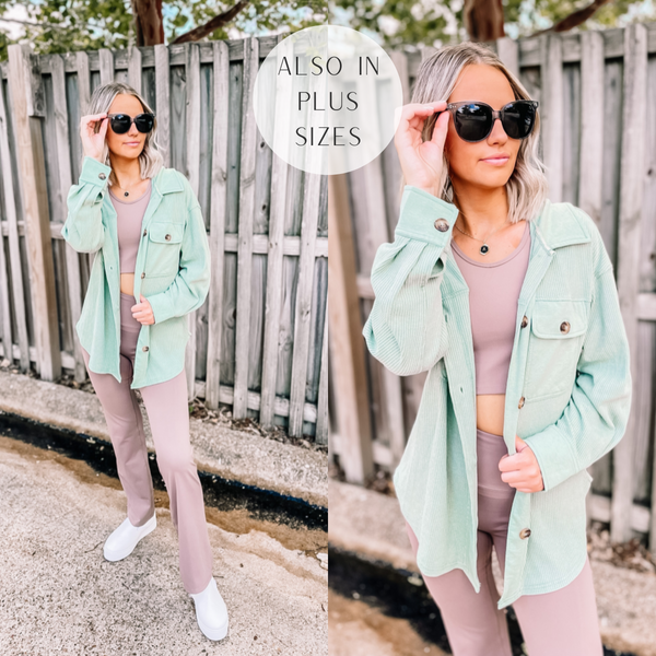 Model is wearing waffle knit shacket in sage green. Model has it paired with a taupe top and matching taupe pants, white sneakers and a pair of sunglasses. 