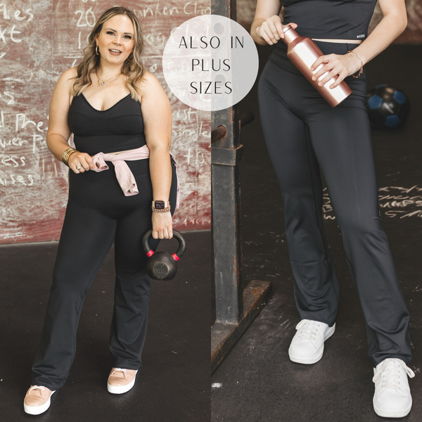 Models are wearing a pair of flare leg active pants. Both models have it paired with a black sports bra. Size large model has it paired with blush pink sneakers and gold jewelry. Size small model, pictured from the waist down, has them paired with white sneakers.