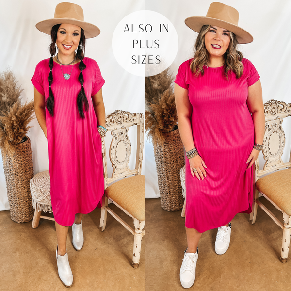 Models are wearing a hot pink ribbed midi dress. Both model shave it paired with white shoes and a ran rancher hat. 