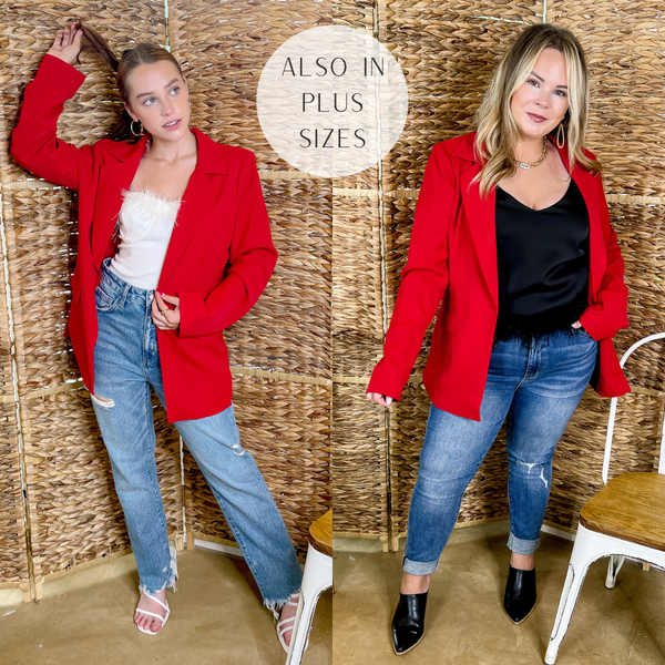 Models are wearing a long sleeve blazer that is bright red. Size small model has it paired with distressed boyfriend jeans, white heels, and gold jewelry. Size large model has it paired with  a black tank, skinny jeans, black booties, and gold jewelry.