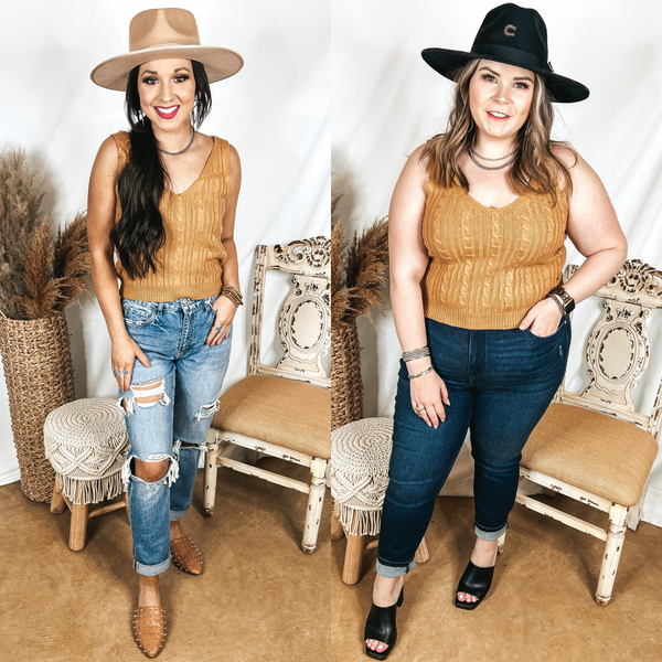Models are wearing a tan sweater tank top that is cropped. Size small model has it paired with light wash jeans, Tan mules, and a tan hat. Size large model has it paired with dark wash boyfriend jeans, black heels, and a Black hat.