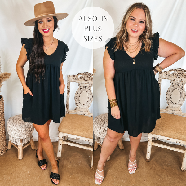 Models are wearing a black v neck dress that has ruffle cap sleeves. Size small model has it paired with a tan hat and black heels. Size large model has it paired with white heels and gold jewelry.