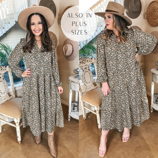 Models are wearing a collared long sleeve midi dress that is green with a floral print. Both models have it paired with a tan hat.