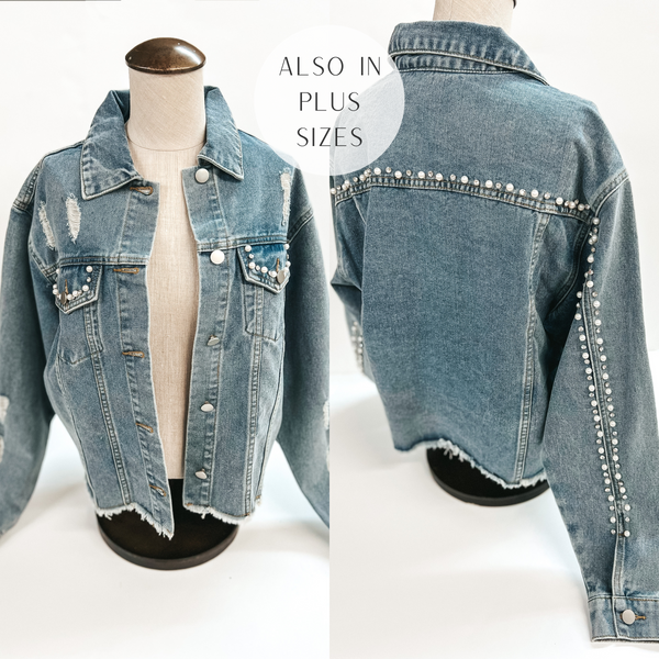 A medium wash denim jacket with pearls and crystals around the pockets and across the back. This jacket is pictured on a mannequin on a white background.