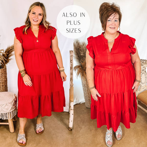 Models are wearing a red midi dress that has ruffle cap sleeves. Size large model has it paired with dotted sandals and gold jewelry. Plus size model has it paired with snakeskin wedges and gold jewelry.
