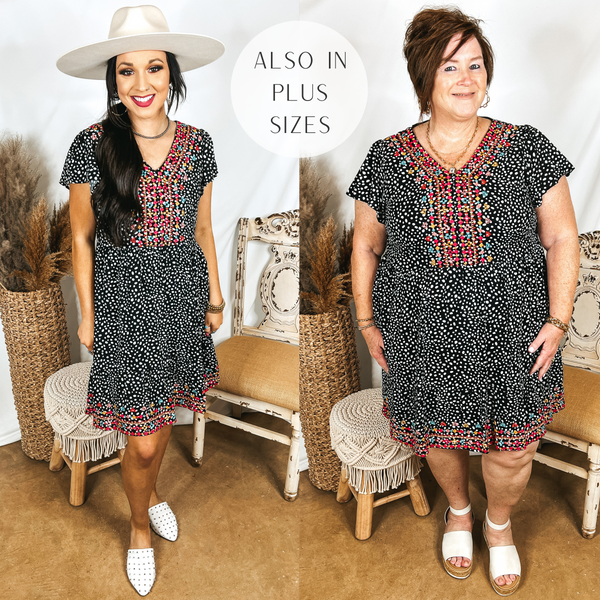 Models are wearing a black dotted dress that has embroidery on the yoke. Size small model has it paired with white mules and white hat. Plus size model has it paired with white sandals and gold jewelry.