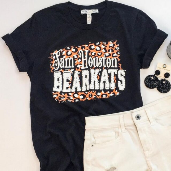 Bearkat Game Day | Sam Houston Bearkats on Leopard Print Background Logo Short Sleeve Tee Shirt in Black