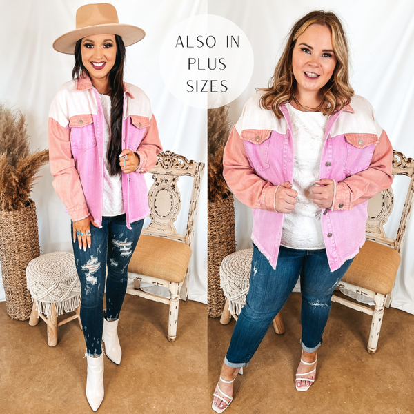 Models are wearing a denim button up jacket. This jacket is a mix of ivory, pink, and coral. Size small model has it paired with dark wash skinny jeans, white booties, and a tan hat. Size large model has it paired with white strappy heels, dark wash jeans, and gold jewelry.