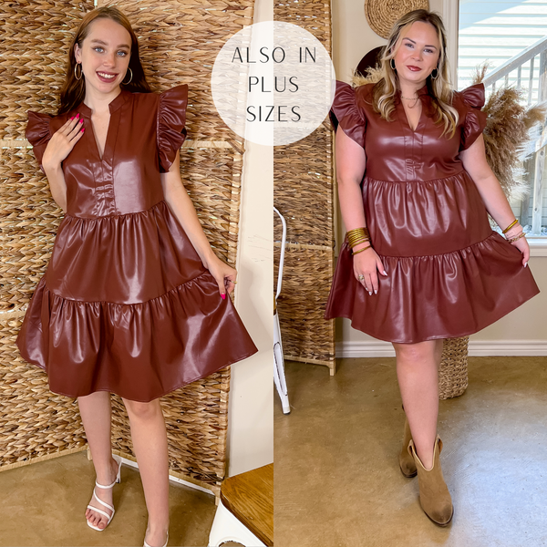 Models are wearing a faux leather dress that is a rust brown color. This short dress has a tiered skirt, notched neckline, and ruffle cap sleeves.