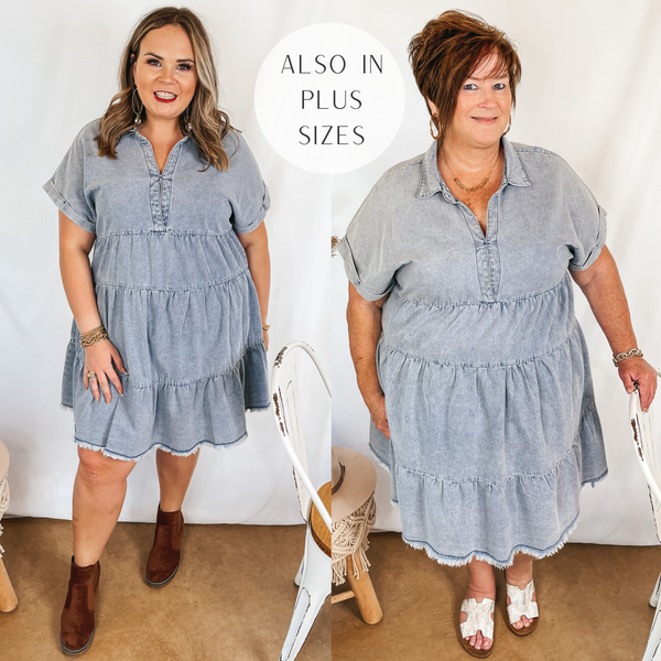 Models are wearing a denim tiered dress with a v neckline. Size large model has it paired with brown booties and silver jewelry. Plus size model has it paired with white sandals and gold jewelry.