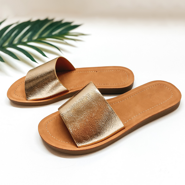 Passing By Single Strap Slide On Sandals in Gold